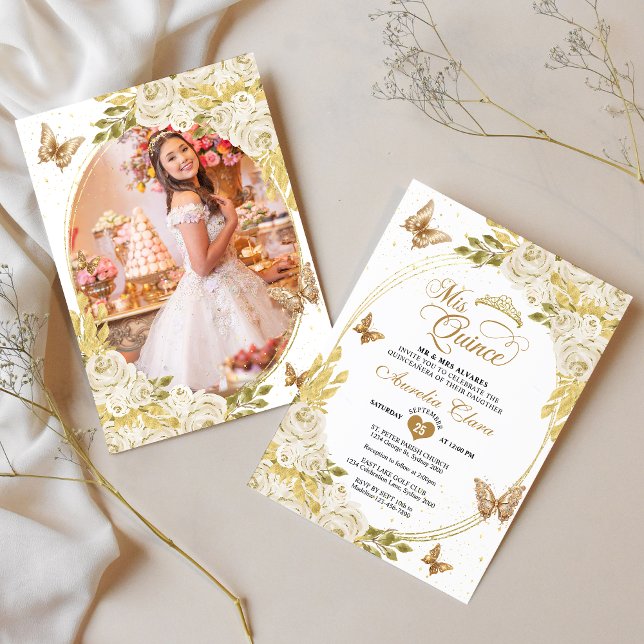 Invitación Floral blanca de oro mariposa foto Quinceañera (Subido por el creador)