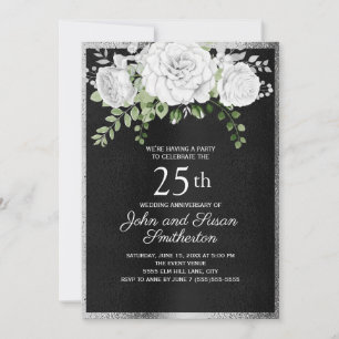 Invitación Floral blanca de plata negra 25 años Boda