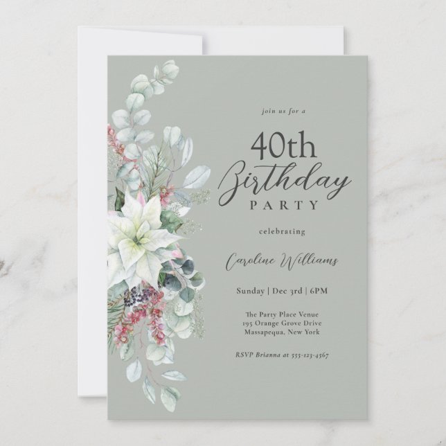 Invitación Floral blanca de Pointsettia 40 cumpleaños (Anverso)
