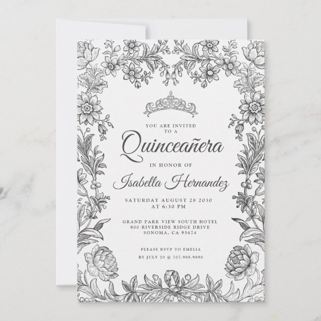 Invitación floral blanca de Quinceanera (Anverso)