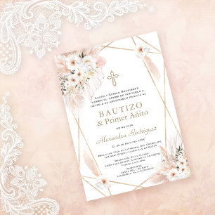 Invitación Floral blanca del desierto Español Primer bautismo