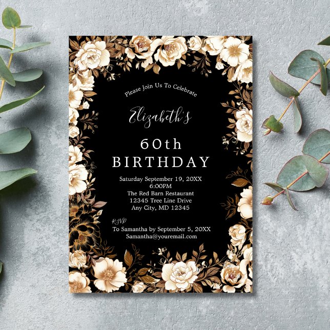 Invitación Floral blanca dorada 60.º 70.º cumpleaños (Black White Gold Floral Watercolor 60th 70th 80th Women's Birthday Invitation)
