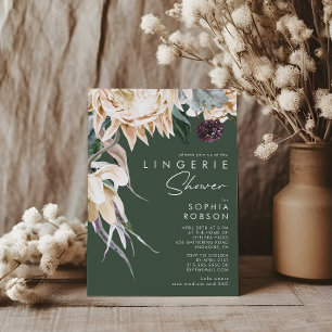 Invitación Floral blanca   Ducha de lencería verde oscuro