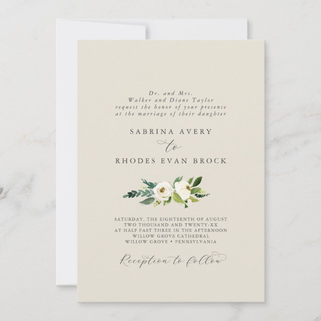 Invitación Floral blanca elegante | Boda formal de Champagne (Anverso)