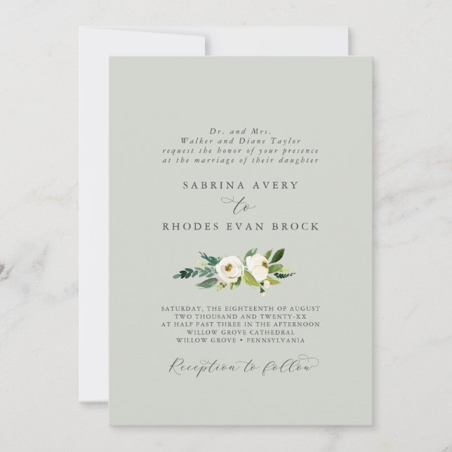 Invitación Floral blanca elegante | Boda formal de la Fábrica (Anverso)