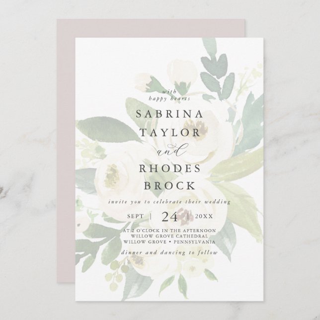 Invitación Floral blanca elegante | Boda Rubor Mauve Faded (Anverso / Reverso)
