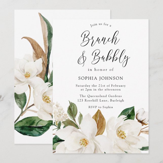Invitación Floral blanca elegante Brunch & Bubbly Bridal Show (Anverso / Reverso)