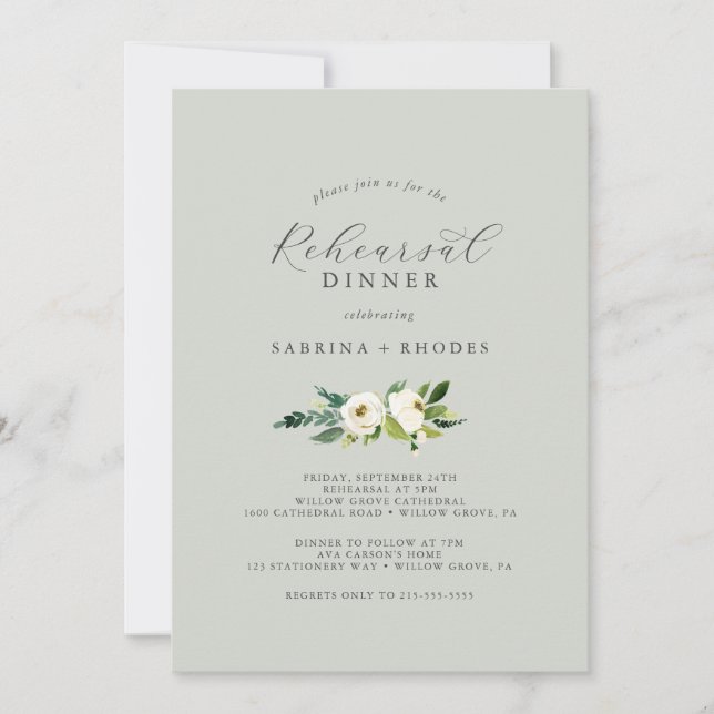 Invitación Floral blanca elegante | Cena De Ensayos Mintales  (Anverso)