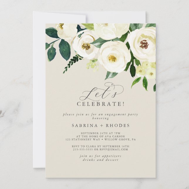Invitación Floral blanca elegante | Champagne Celebremos (Anverso)