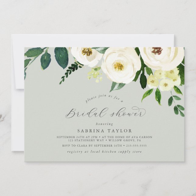 Invitación Floral blanca elegante | Sage Mint Bridal Shower (Anverso)