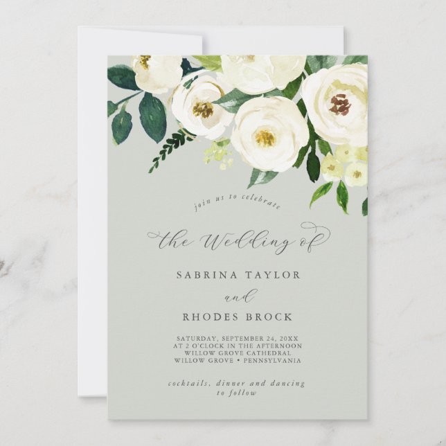 Invitación Floral blanca elegante | Sage Mint El Boda De (Anverso)