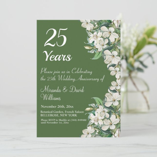 Invitación Floral blanca en el 25° aniversario del Boda de Pl (Anverso de pie)