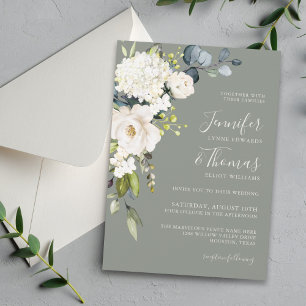 Invitación Floral blanca en una elegante boda verde sabia