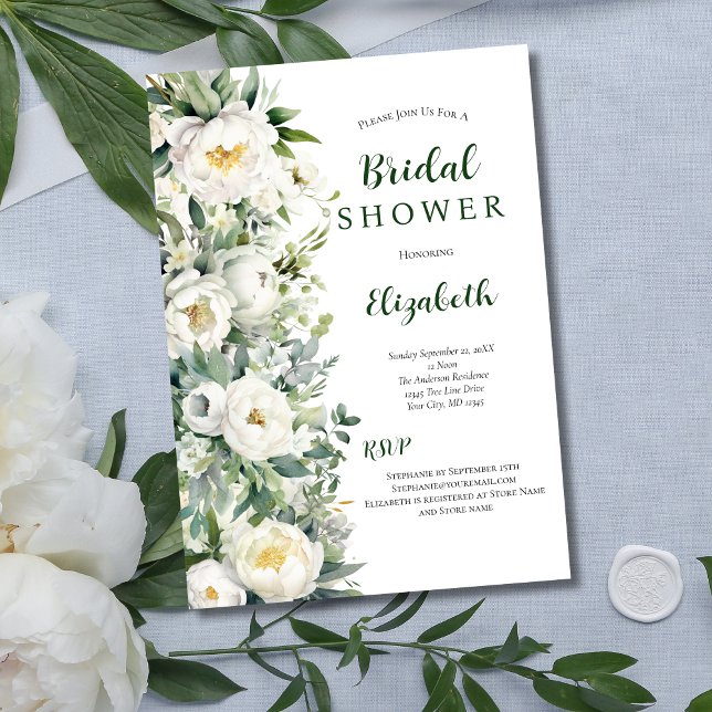 Invitación Floral blanca Eucalyptus Greenery Bridal Shower (White Peony Floral Eucalyptus Greenery Bridal Shower Invitation)