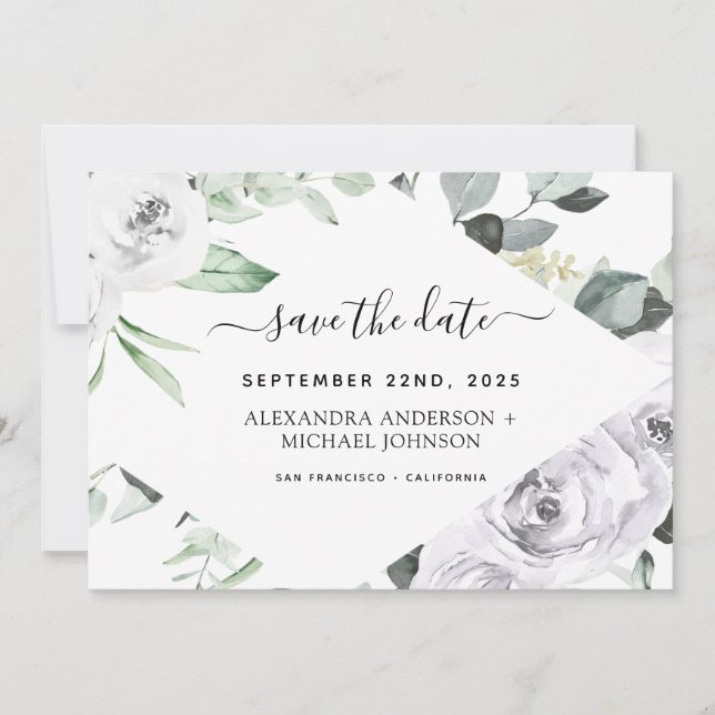 Invitación Floral blanca Eucalyptus Salva la fecha (Anverso)