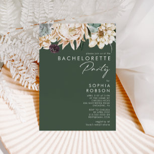 Invitación Floral blanca   Fiesta de soltera verde oscuro