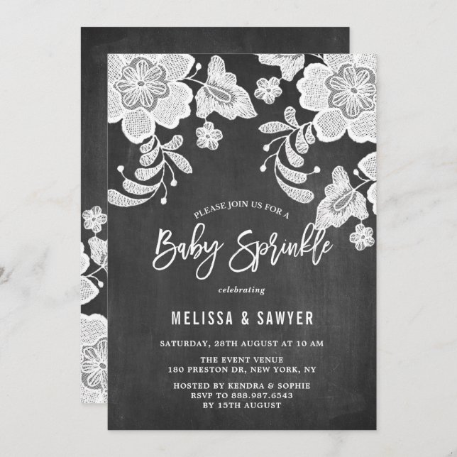 Invitación Floral blanca Lace Faux Chalkboard Baby Sprinkle (Anverso / Reverso)