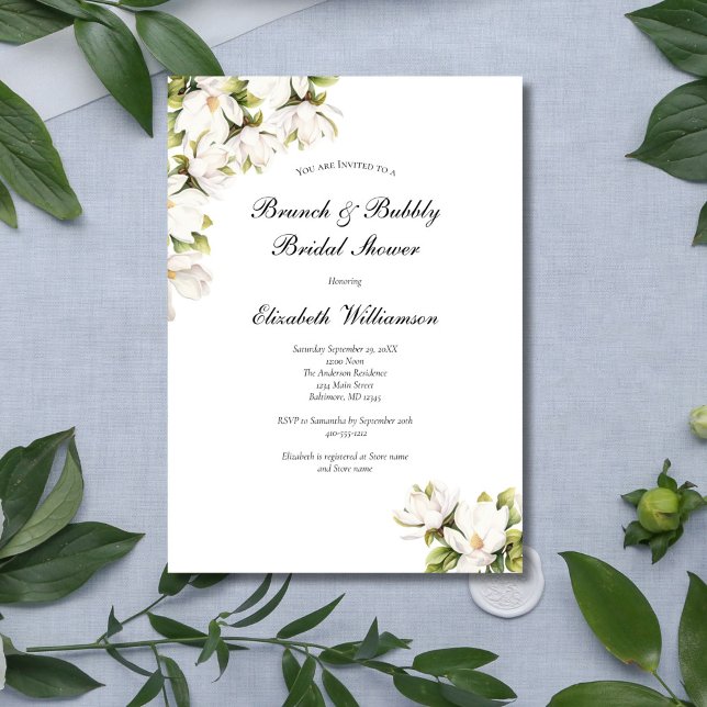 Invitación Floral blanca Magnolia Bridal Brunch Bubbly Shower (White Magnolia Floral Elegant Bridal Shower invitation, Printed or Instant digital download)