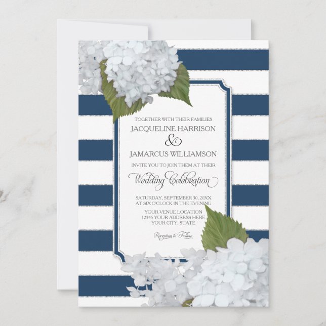 Invitación Floral blanca moderna elegante Navy franja blanca (Anverso)