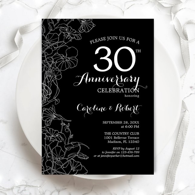 Invitación Floral blanca negra 30 años (Subido por el creador)