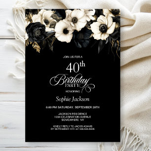 Invitación Floral blanca negra 40.ª Fiesta de cumpleaños
