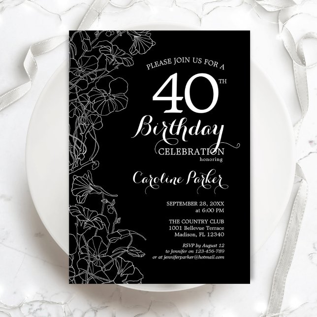 Invitación Floral blanca negra 40 años (Subido por el creador)