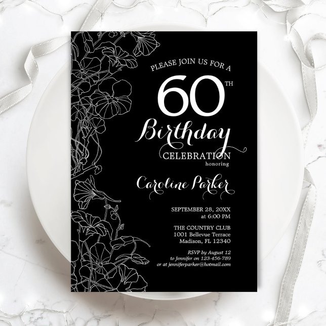 Invitación Floral blanca negra 60 cumpleaños (Subido por el creador)