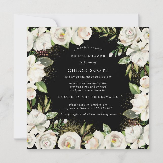 Invitación Floral blanca negra cuadrada ducha de novia (Anverso)