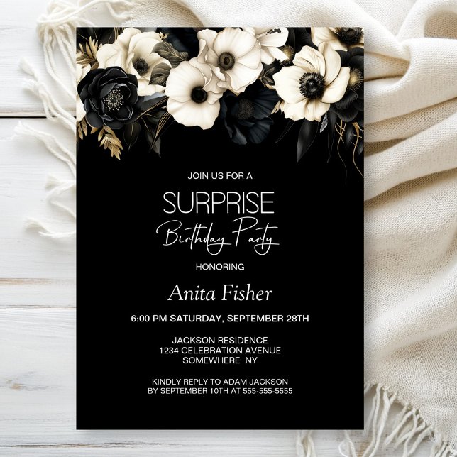 Invitación Floral blanca negra cualquier edad cumpleaños sorp (Subido por el creador)