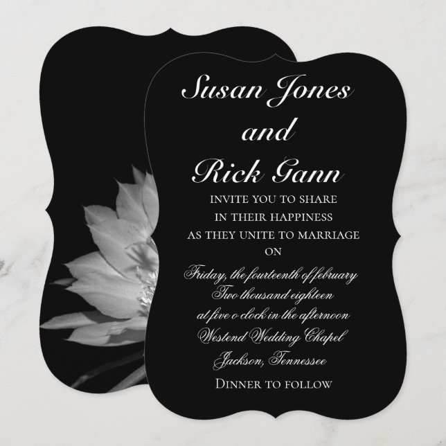Invitación floral blanca negra elegante de la boda (Anverso / Reverso)