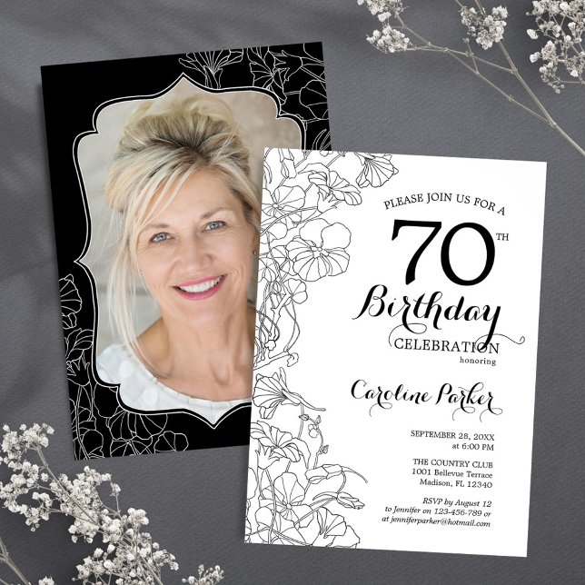 Invitación Floral blanca negra foto 70 cumpleaños (Subido por el creador)