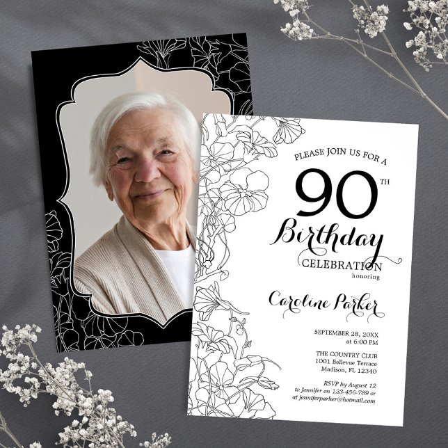 Invitación Floral blanca negra foto 90 cumpleaños (Subido por el creador)