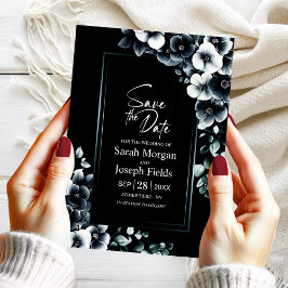 Invitación Floral blanca negra moderna salva la fecha