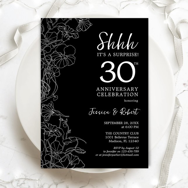 Invitación Floral blanca negra sorprende 30 años (Subido por el creador)