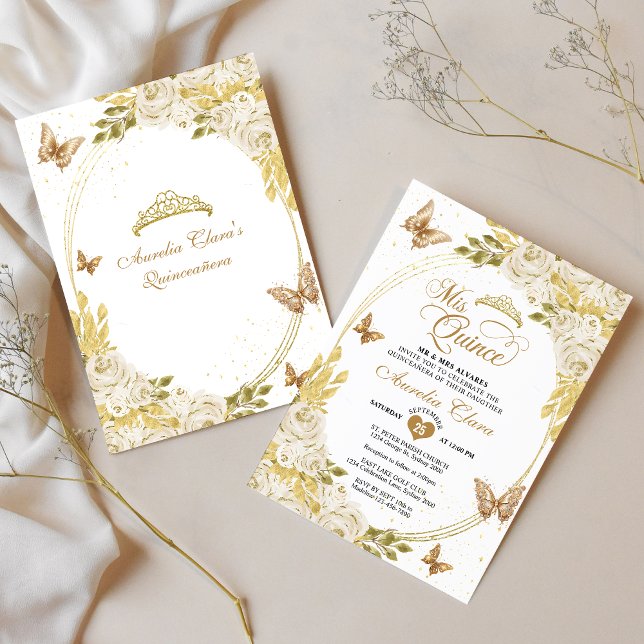 Invitación Floral blanca Oro Tiara Mariposa Mis Quinceañera (Subido por el creador)