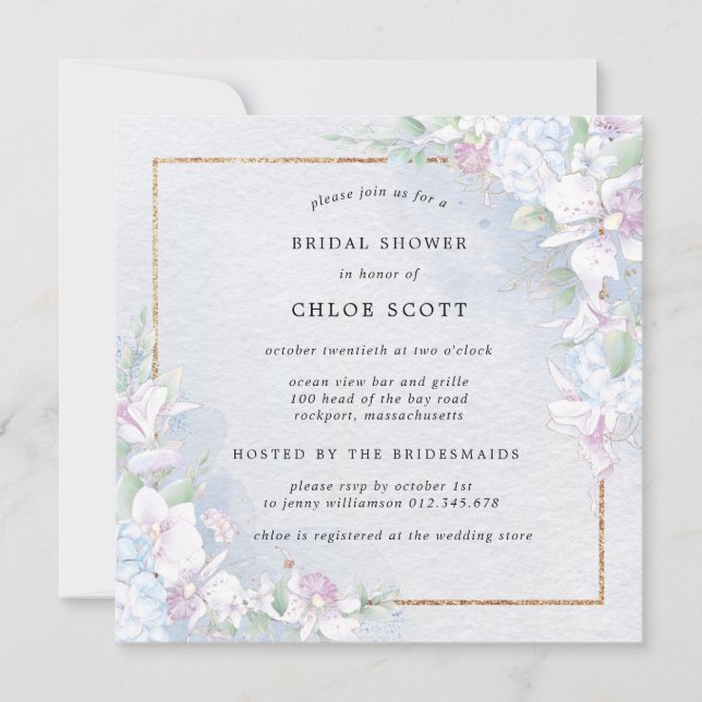 Invitación Floral blanca Orquídea Azul acuarela Ducha de novi (Anverso)