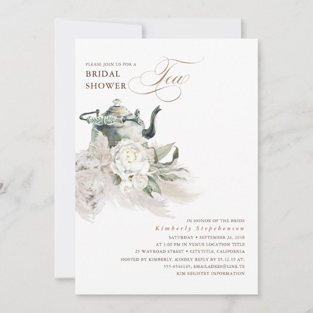Invitación Floral blanca Pampas Grass Boho Bridal Shower Té (Anverso)