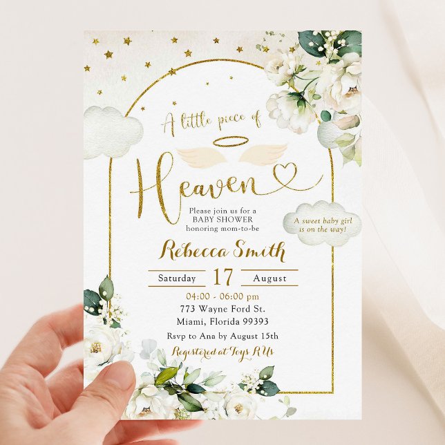 Invitación Floral blanca pequeña pieza del cielo Baby Shower (Subido por el creador)