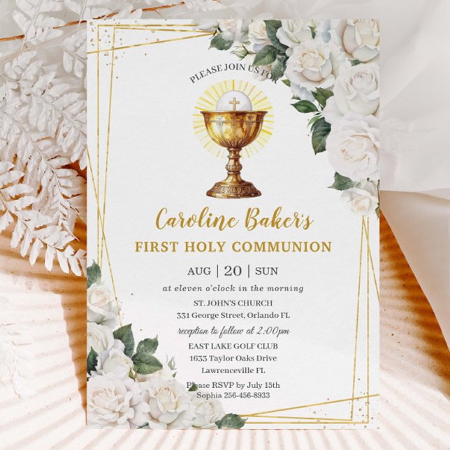 Invitación Floral blanca Primera Comunión Santa Cáliz de oro (Subido por el creador)