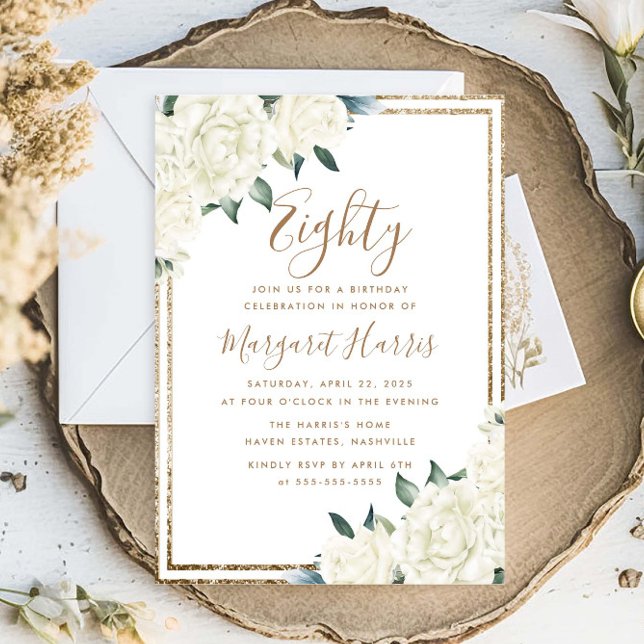 Invitación Floral blanca Purpurina de oro 80 cumpleaños 80 (Subido por el creador)