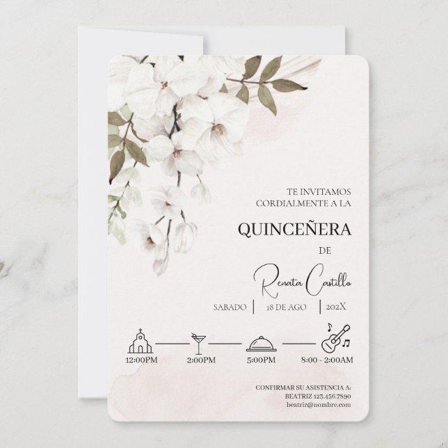 Invitación Floral blanca quinceañera (Anverso)