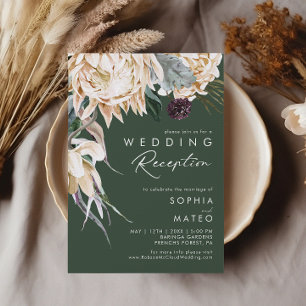 Invitación Floral Blanca Recepción de Boda Verde Oscuro