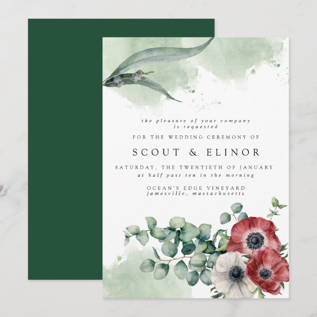 Invitación Floral blanca roja con eucalipto deja Boda (Anverso / Reverso)