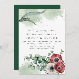 Invitación Floral blanca roja con eucalipto deja Boda