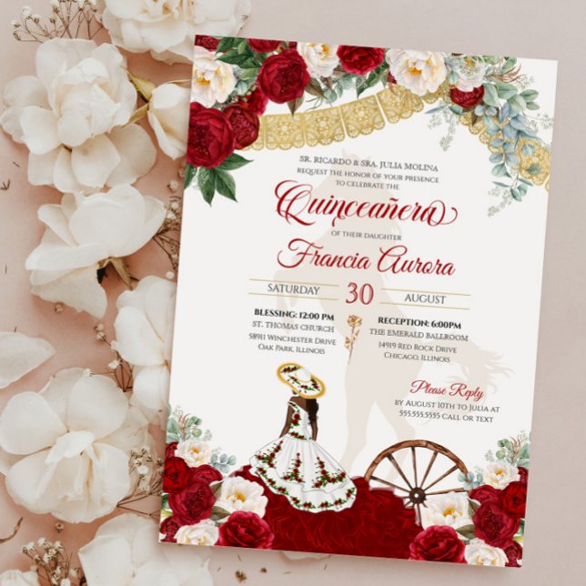 Invitación Floral blanca roja y oro elegante Charro Quinceane (Subido por el creador)
