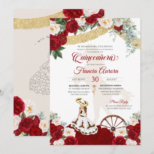 Invitación Floral blanca roja y oro elegante Charro Quinceane (Anverso / Reverso)
