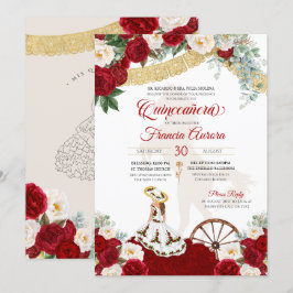 Invitación Floral blanca roja y oro elegante Charro Quinceane
