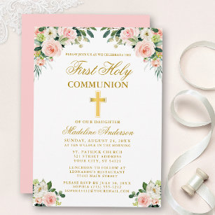 Invitación Floral blanca rosa de color oro de primera comunió