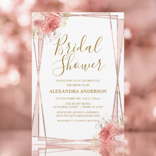 Invitación Floral blanca rosa dorada ducha de novia