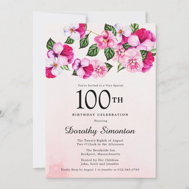 Invitación Floral blanca rosa magenta 100 cumpleaños (Anverso)